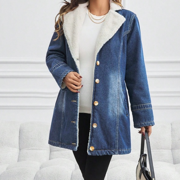 Maternity Dark Wash Denim Teddy Lined Button Loose Fit Jacket Coat - Picture 1 of 7